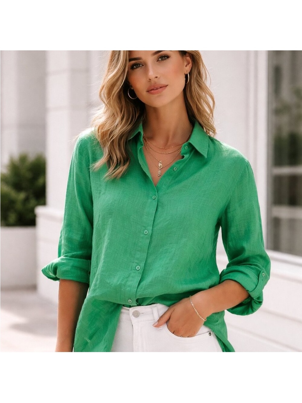 COS 100% Linen button down top; beautiful Kelly green; midweight.